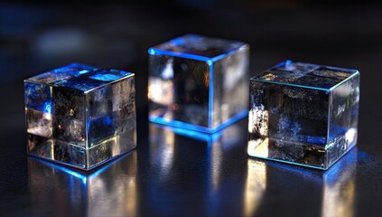 Three translucent cubes on dark surface