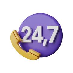 3D Icon with 24/7 Text and Yellow Telephone Handset on Purple Circle twenty four seven