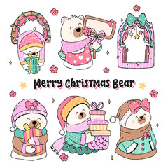 Adorable Christmas bears bringing festive cheer with gifts, trees, and holiday magic. Vector illustration.