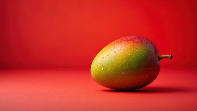 Ripe mango with water droplets on a vibrant red background fruit green