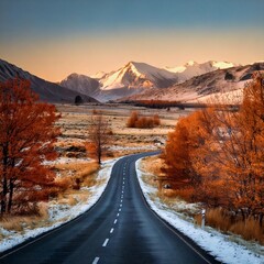 Evening landscape lit by the first snow of winter; beautiful, stunning and wild landscape photography in autumn colors with a road going nowhere