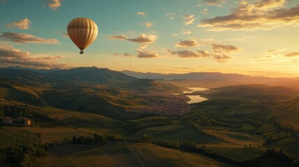 Fototapeta premium Sunset Hot Air Balloon Ride Over Tuscan Landscape