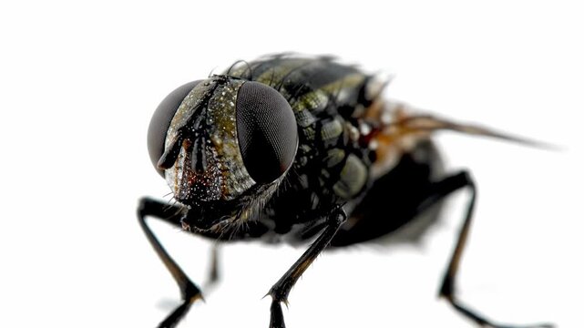Close up macro photograph capturing a common housefly grooming its intricate compound eyes and body. The tiny insect is featured in extreme detail against a clean white backdrop