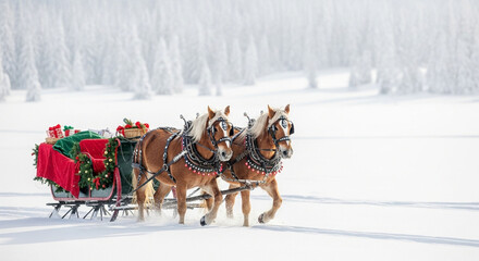 Christmas horse sleigh ride through snowy winter wonderland scene with gifts and festive decorations