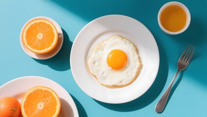 Fresh Breakfast Spread with Fried Egg and Citrus Fruits on Blue Surface