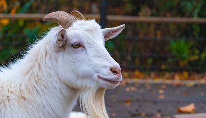 Fototapeta premium White goat portrait in autumnal enclosure
