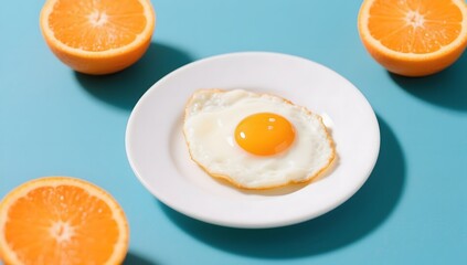 Freshly Cooked Egg Surrounded by Juicy Oranges on Blue Background