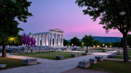 Obraz premium Ancient Stone Temple Ruins at Twilight with Purple Sky and Trees
