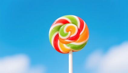 Colorful Swirled Lollipop Against a Bright Blue Sky Background