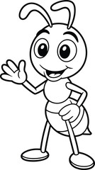Smiling cartoon ant character standing upright with raised arm, black and white line art for kids coloring and education