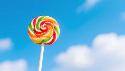 Colorful Swirl Lollipop Against Bright Sky with White Clouds
