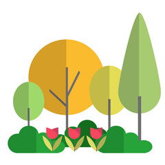 Flat Design Scenic Outdoor Park Landscape with Trees and Flowers Illustration