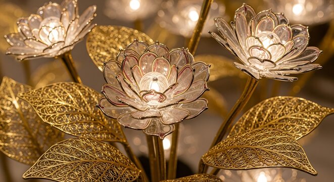 An abstract garden where flowers are made of spun glass and leaves are crafted from fine gold filigree. - Powered by Adobe