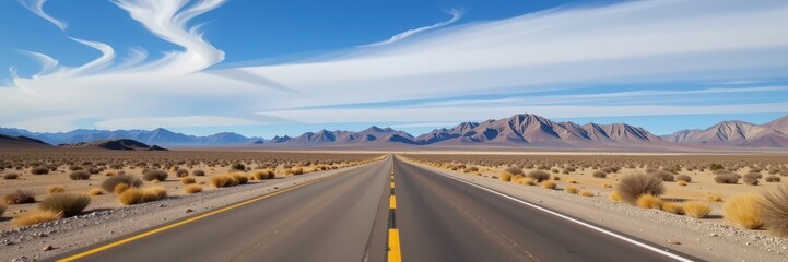 A long, straight desert road stretches to the horizon under a vast, cloudless sky; sparse vegetation and rugged mountains in the distance, sunlit, nature, summer