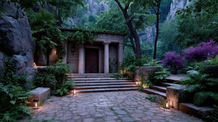 Ancient Stone Temple Ruins Surrounded by Lush Greenery with Soft Lighting and Stone Steps in Cinematic HDR