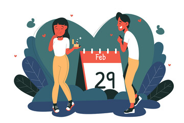 Leap Year Proposal Featuring Young Couple with Engagement Ring and Red Calendar Isolated on White Background Expressing Celebration