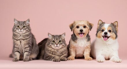 Adorable Cats and Dogs Sitting Together in Studio with Pink Pastel Background for Cute Pet Portrait Photography