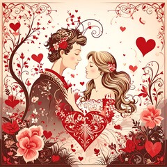 Romantic couple in ornate floral frame