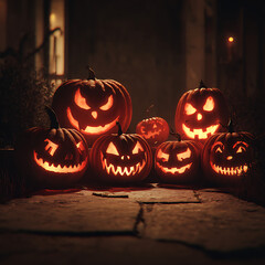 A group of carved pumpkins with different faces glowing at night.