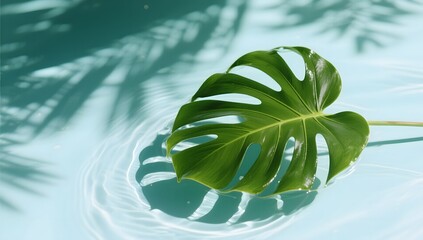 Monstera Leaf Floating on Water with Soft Shadows and Light Reflections