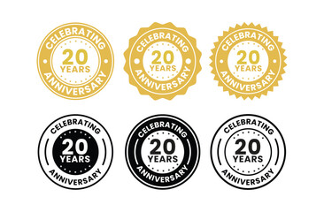 Set of six black  celebrating 20 year anniversary badges in round shapes with stars, used for milestone and achievement branding.