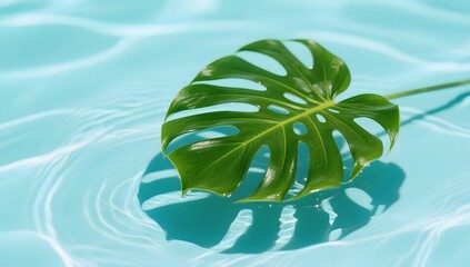 Vibrant Monstera Leaf Floating on Calm Turquoise Water Surface