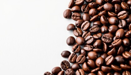 Fototapeta premium Dark roasted espresso beans, rich brown color, close-up view of coffee seeds, coffee beans, coffee plant