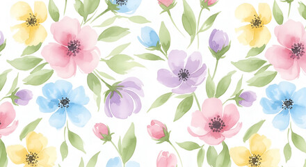 Watercolor floral seamless pattern with pastel flowers, perfect for spring designs, weddings, and feminine projects
