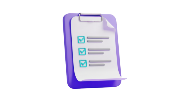 Purple clipboard with checklist and checkmarks isolated on a transparent background to do list