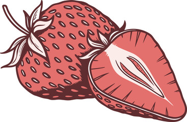 The fresh strawberry, a sweet fruit with a leaf, is beautifully illustrated as a vector food design in a hand