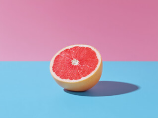 Minimalistic Composition of Grapefruit on Light Blue and Pink Pastel Background with Space for Text