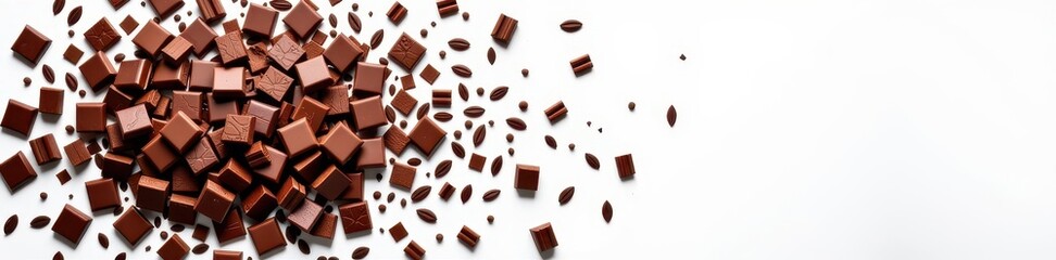 Scattered chocolate pieces on a pristine white background, showcasing rich brown hues and diverse shapes, candy, melting