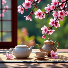 Fototapeta premium Serene Japanese tea ceremony scene featuring a traditional teapot and delicate cherry blossoms in full bloom, teacup, photo