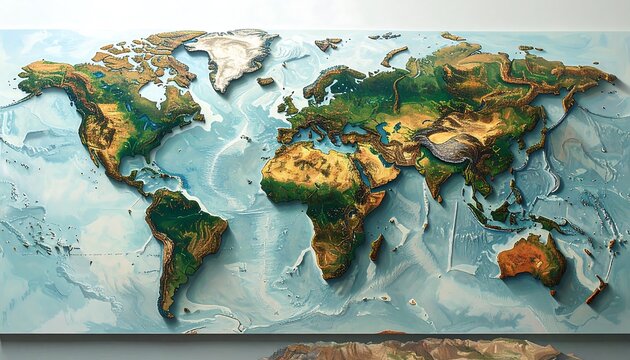 A detailed, 3D world map featuring elevation and aquatic terrain on a neutral wall