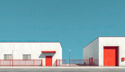 Fototapeta premium Two white buildings with red accents under a vibrant blue sky