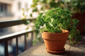 A potted herb sits on a wooden balcony