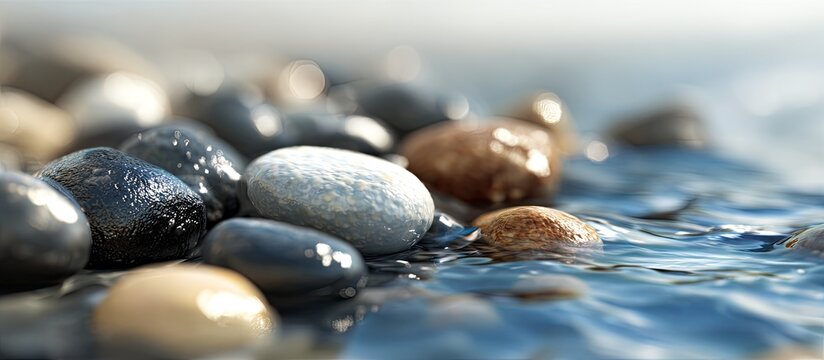 Close-up view of smooth river stones on water