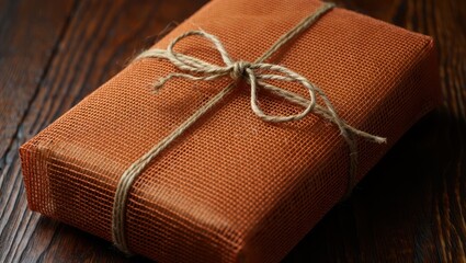 Rustic twine tied around an orange mesh wrapped gift box present