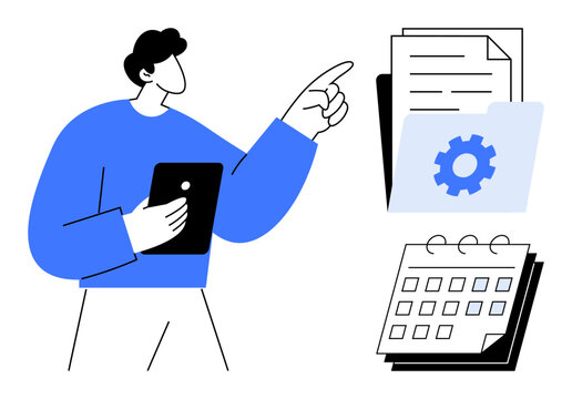 Person with tablet pointing at organized files, documents in a gear-marked folder, and a calendar. Ideal for time management, project planning, digital workflow, teamwork, scheduling, productivity