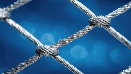Close-up view of a metal mesh fence against a blurred blue background