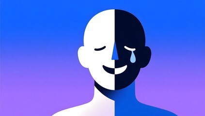 Half-smiling face illustration with tear in vibrant background