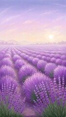 Fototapeta premium Lavender field at sunset with purple flowers and soft light creating a serene and peaceful atmosphere