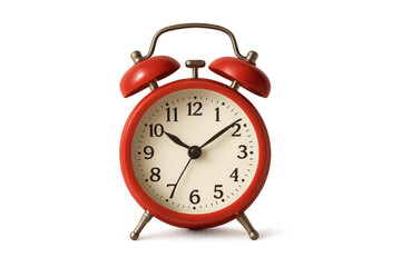 Red analog alarm clock indicating ten ten