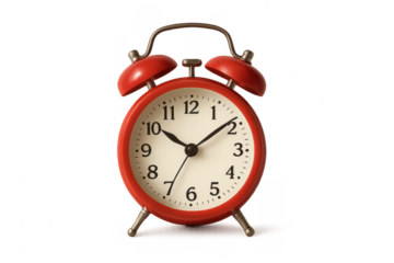 Red analog alarm clock indicating ten ten