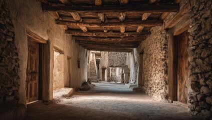 Sunlit alleyway in an old stone village