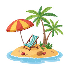 Obraz premium Small Tropical Beach With Palm Trees, Umbrella And Deck Chair Vector Illustration Isolated