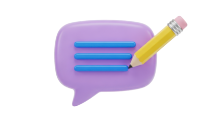 Purple speech bubble with blue lines and yellow pencil isolated on a transparent background