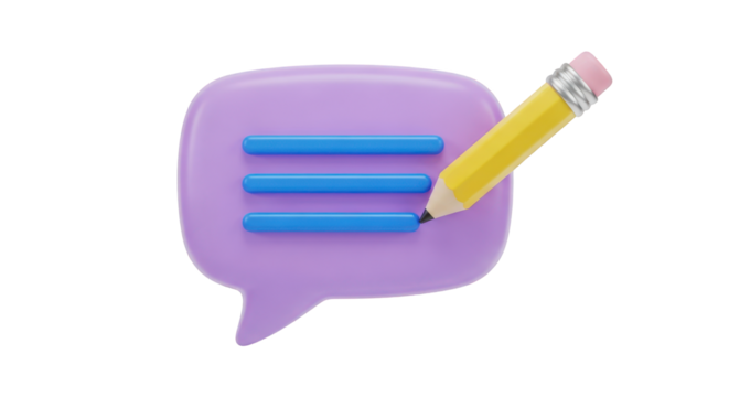 Purple speech bubble with blue lines and yellow pencil isolated on a transparent background - Powered by Adobe