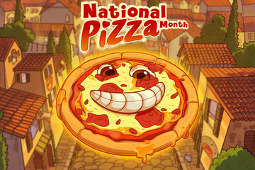 National Pizza Month Celebration Poster with Giant Pizza