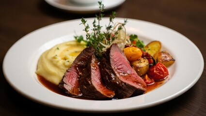 Sliced beef steak with mashed potatoes and roasted cherry tomatoes thyme